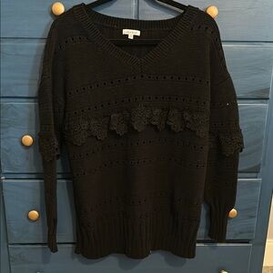 White Birch Black V-Neck Sweater with Ruffle Detail